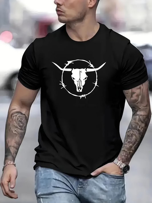 Men's Graphic T-Shirt Western Skull With Horns And Barbed Circle Design
