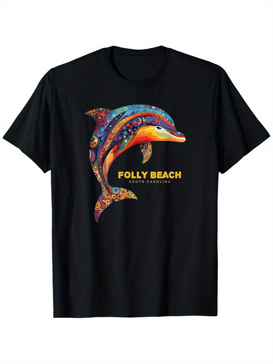 Men's Graphic T-Shirt Polly Beach Colorful Artistic Patterns Swimming Graceful Dolphin