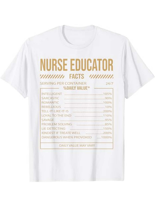 Men's Graphic T-Shirt Nurse Educator Facts Chart With Gold Lettering On White Shirt