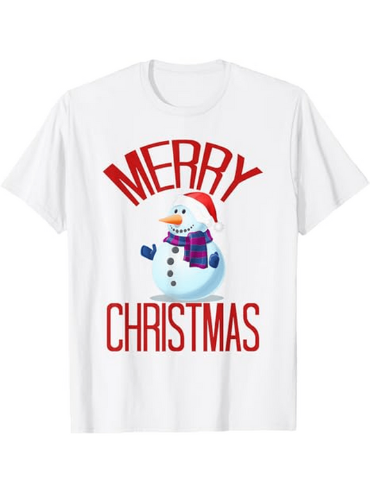 Men's Graphic T-Shirt Merry Christmas With Festive Snowman Wearing Red Scarf And Hat