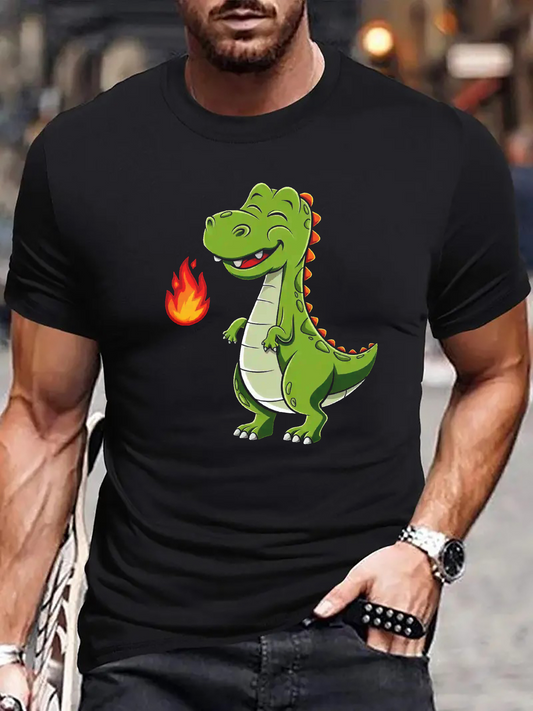 Men's Graphic T-Shirt Playful Cartoon Green Dinosaur Breathing Bright Orange Fire
