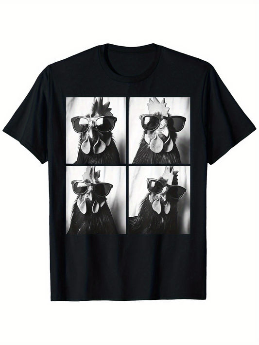 Men's Graphic T-Shirt Monochrome Quad Panels With Funky Sunglasses Chicken Portrait
