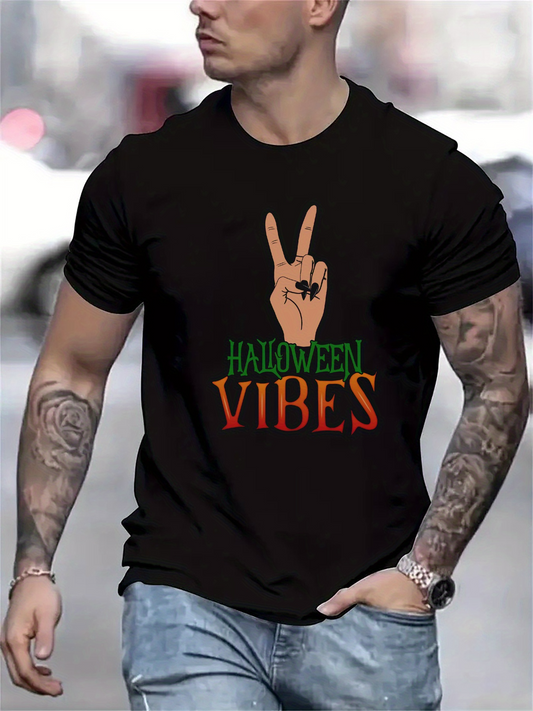 Men's Graphic T-Shirt Halloween Vibes Peace Hand Under Carved Pumpkin Fingers