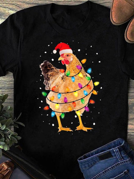 Men's Graphic T-Shirt Colorful Festive Christmas Lights Wrapping A Chicken Wearing Santa Hat