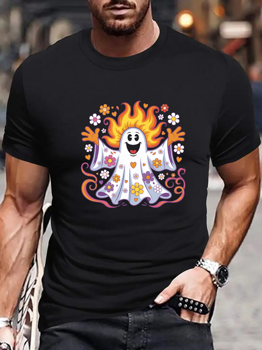 Men's Graphic T-Shirt Smiling Cartoon Ghost Surrounded By Flowers And Flaming Orange Hair Ghost