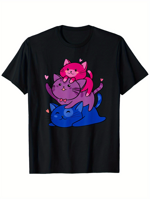 Men's Graphic T-Shirt Playful Stack Of Colorful Cats With Pink Hearts Cuddling Together Cat