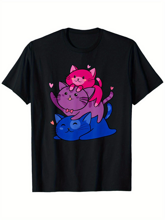 Men's Graphic T-Shirt Playful Stack Of Colorful Cats With Pink Hearts Cuddling Together Cat