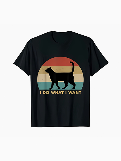 Men's Graphic T-Shirt I Do What I Want Retro Sunset Silhouette With Playful Walking Cat