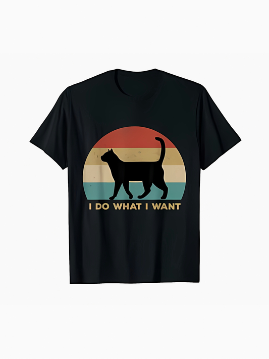 Men's Graphic T-Shirt I Do What I Want Retro Sunset Silhouette With Playful Walking Cat