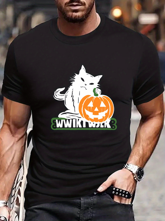 Men's Graphic T-Shirt Wwikitwik Eerie Carved Pumpkin With Sitting White Cat