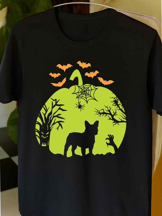 Men's Graphic T-Shirt Halloween Night With Bats Glowing Moon And Haunted Wolf