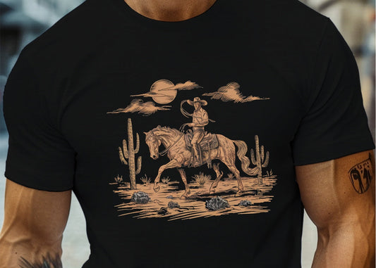 Men's Graphic T-Shirt Desert Sunset With Cacti Sand Rocks And Horse Rider Among Clouds