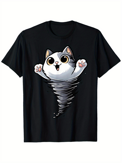 Men's Graphic T-Shirt Playful Cartoon Cat Emerging From Whirling Gray Tornado Spiral
