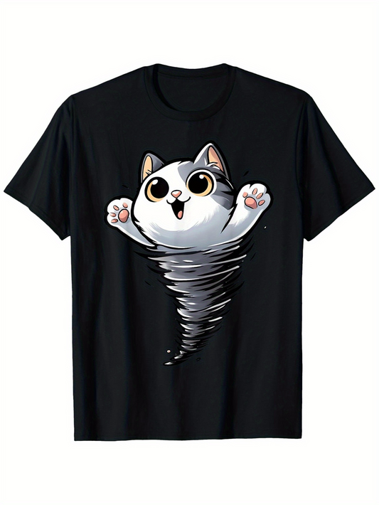 Men's Graphic T-Shirt Playful Cartoon Cat Emerging From Whirling Gray Tornado Spiral