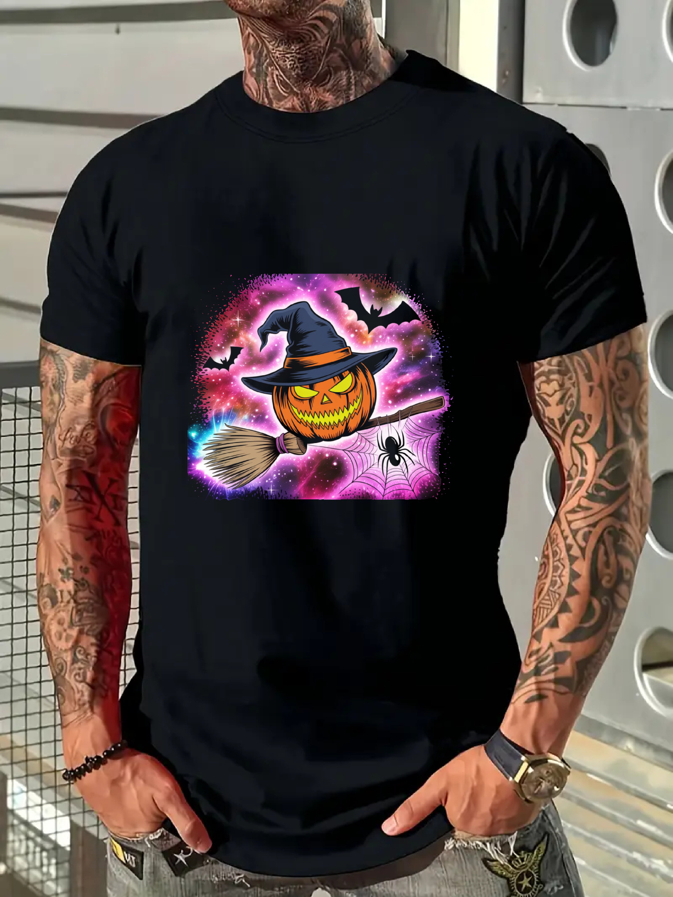 Men's Graphic T-Shirt Glowing Magical Purple Aura With Broomstick Spider And Flying Pumpkin
