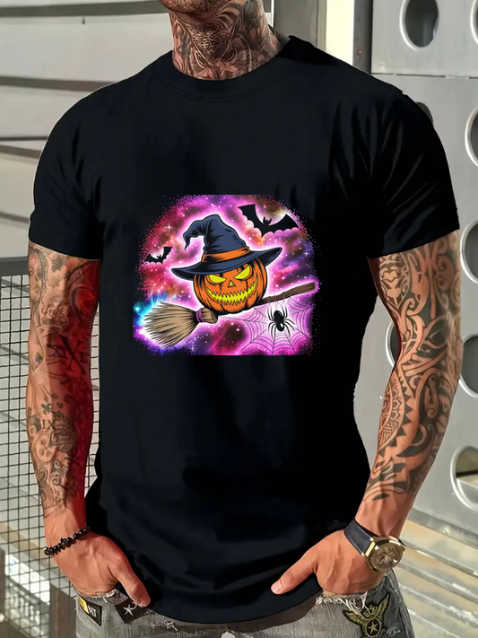Men's Graphic T-Shirt Glowing Magical Purple Aura With Broomstick Spider And Flying Pumpkin