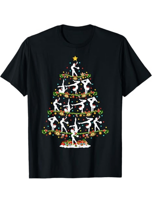 Men's Graphic T-Shirt Festive Christmas Tree With Dancing Silhouettes Colorful Ornaments Holiday Lights