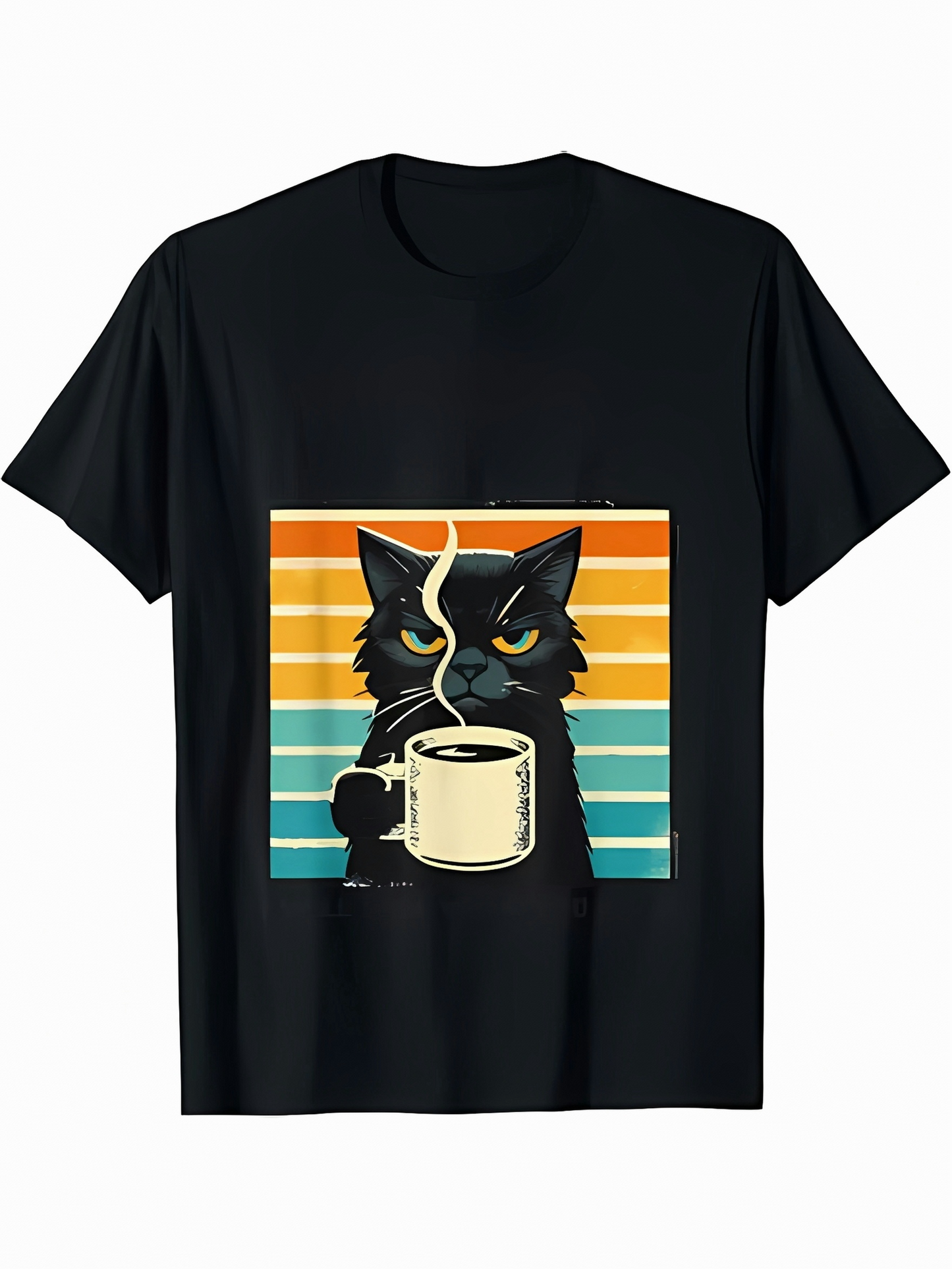 Men's Graphic T-Shirt Vintage Sunset With Steaming Coffee Cup And Moody Black Cat