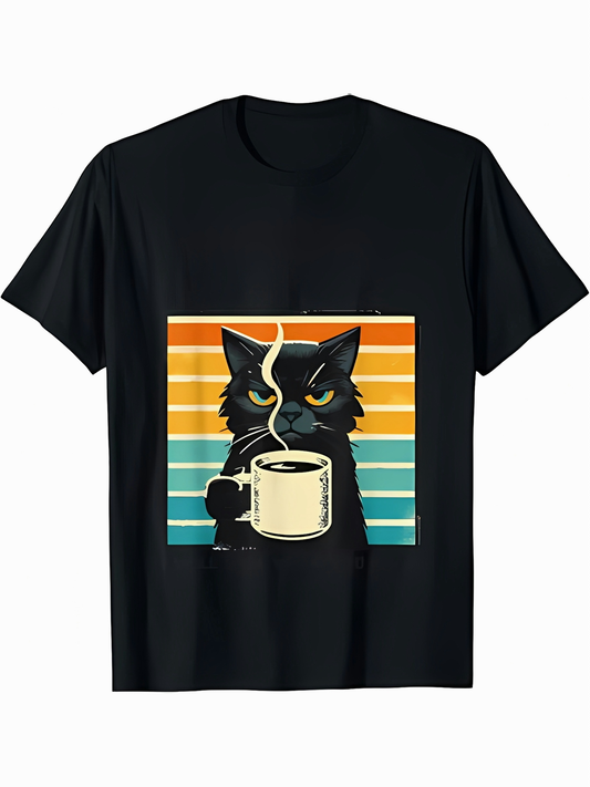Men's Graphic T-Shirt Vintage Sunset With Steaming Coffee Cup And Moody Black Cat
