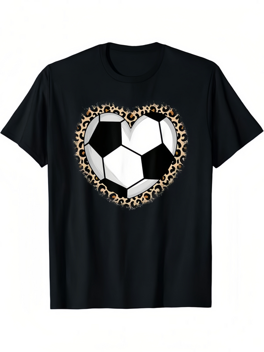Men's Graphic T-Shirt Leopard Patterned Heart Surrounding Classic Soccer Ball
