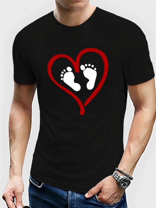 Men's Graphic T-Shirt Red Heart Embracing Playful Baby Footprints Simple Graphic T Shirt