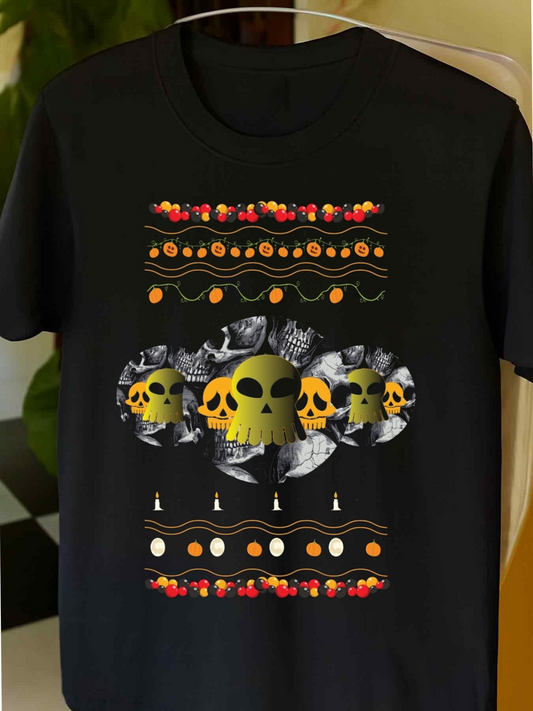 Men's Graphic T-Shirt Spooky Pattern With Pumpkins Surrounding Green And White Skull