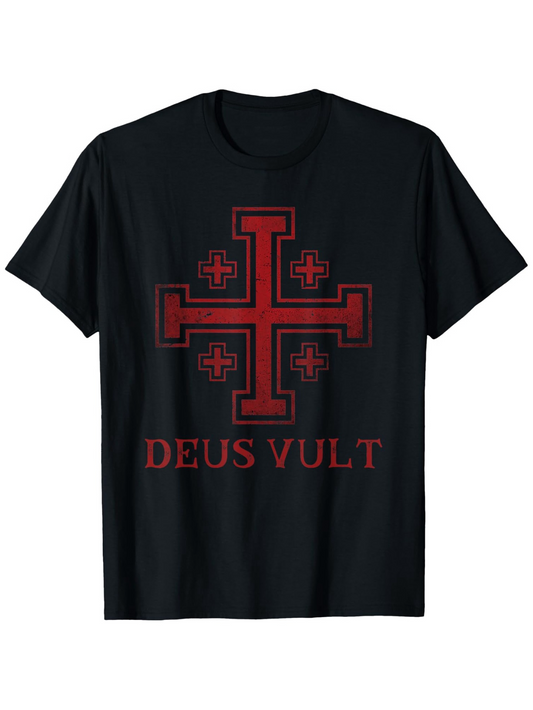 Men's Graphic T-Shirt Deus Vult Red Medieval Cross Motif With Stylized Pattern Centerpiece