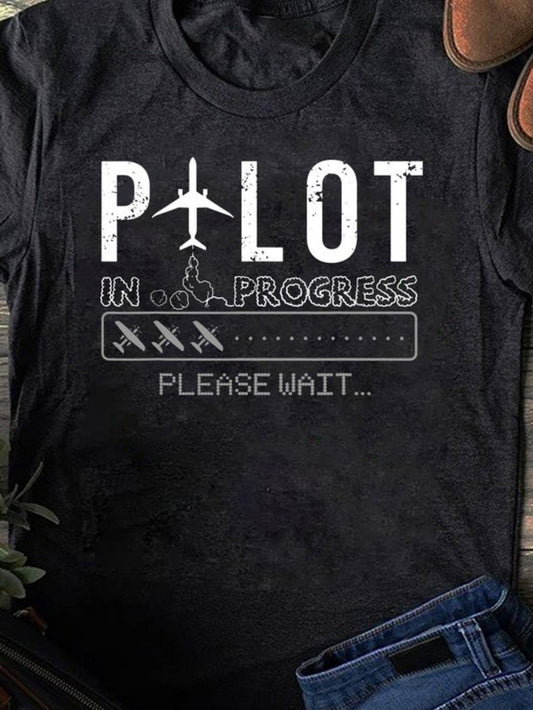 Men's Graphic T-Shirt Pilot In Progress Loading Bar With Airplane Under Night Sky