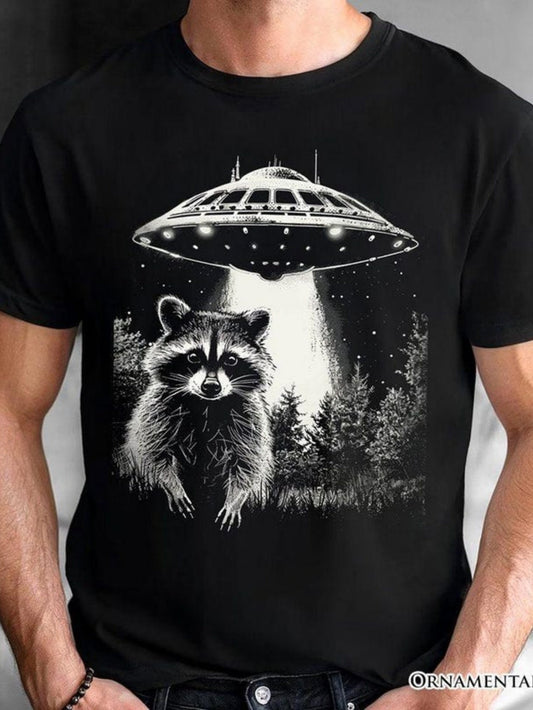 Men's Graphic T-Shirt Mystical Forest Night With Ufo Beaming Light Over Curious Raccoon