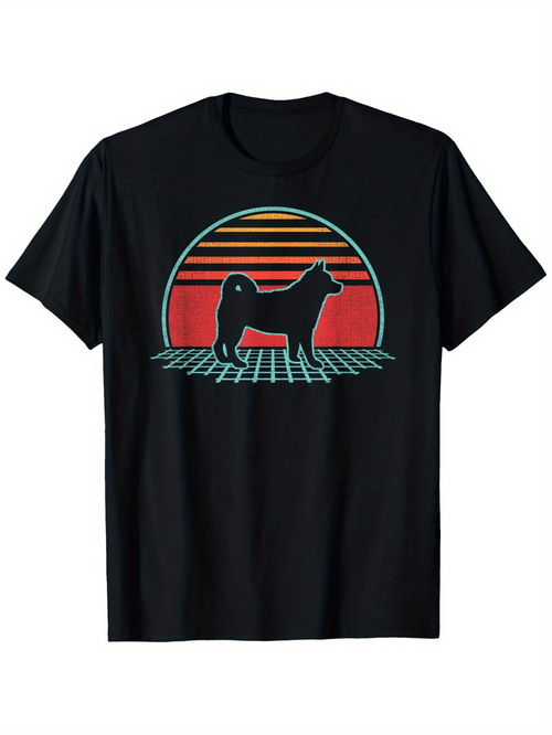 Men's Graphic T-Shirt Retro Sunset Horizon With Gridlines Behind Standing Dog