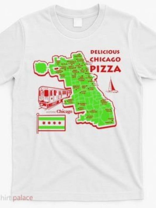 Men's Graphic T-Shirt Delicious Chicago Pizza City Map With Train And Flag