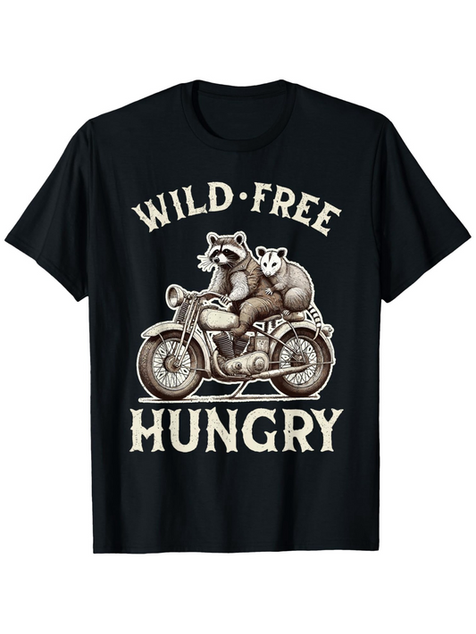 Men's Graphic T-Shirt Wild Free Hungry Vintage Style Raccoons Riding Motorcycle Under Bold Letters