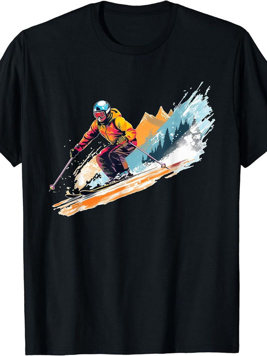 Men's Graphic T-Shirt Sunlit Mountain Landscape With Dynamic Snow Trail And Male Skier