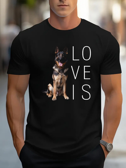 Men's Graphic T-Shirt Love Is With Happy German Shepherd Dog Sitting