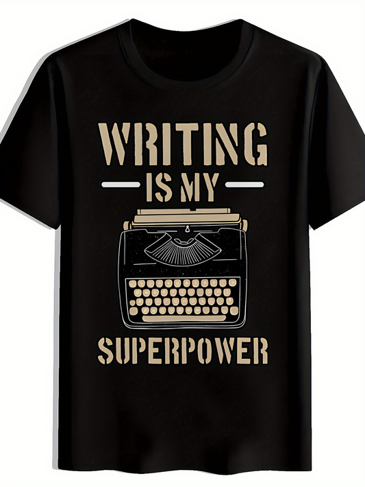 Men's Graphic T-Shirt Writing Is My Superpower Vintage Typewriter Graphic On Black Shirt