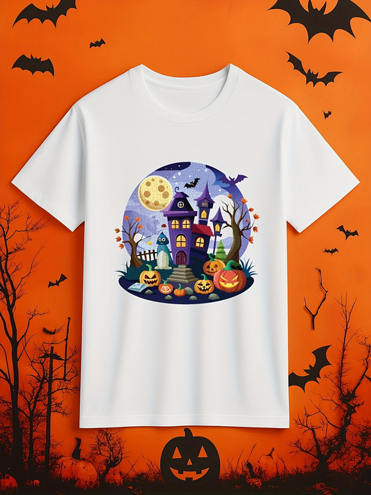 Men's Graphic T-Shirt Glowing Full Moon With Haunted House Bats Pumpkins And Autumn Trees
