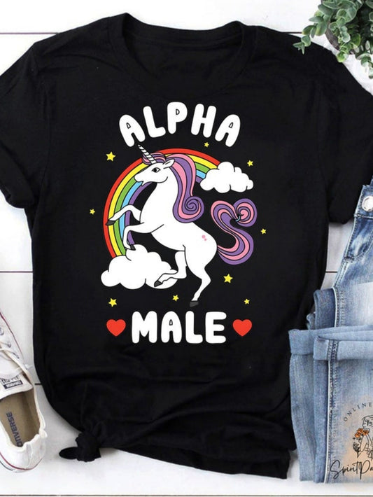 Men's Graphic T-Shirt Alpha Male Cartoon Unicorn With Rainbow Amid Colorful Stars Clouds And Hearts