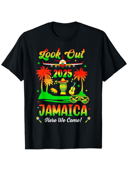 Men's Graphic T-Shirt Look Out 2025 Jamaica Here We Come Vibrant Palms Guitar With Drum Under Sunset Scenery