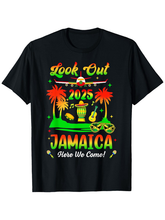 Men's Graphic T-Shirt Look Out 2025 Jamaica Here We Come Vibrant Palms Guitar With Drum Under Sunset Scenery