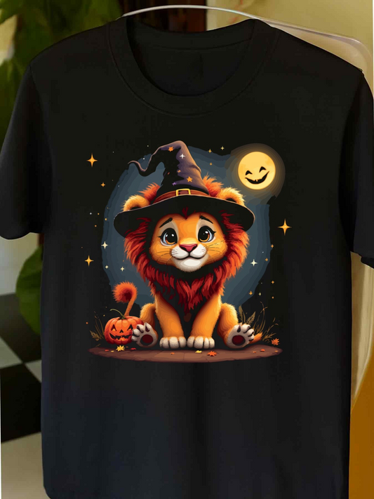 Men's Graphic T-Shirt Cute Lion With Halloween Pumpkin Under A Smiling Moonlight Night