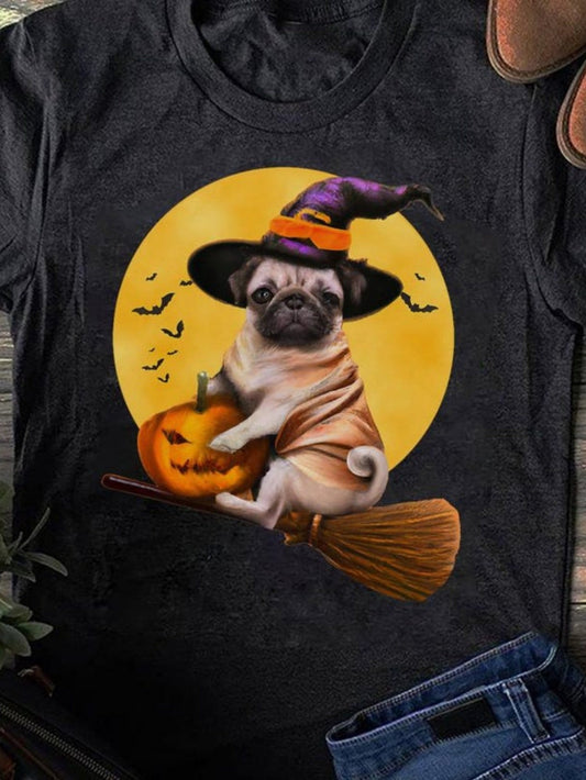 Men's Graphic T-Shirt Halloween Night With Pumpkin Witch Hat Flying Pug