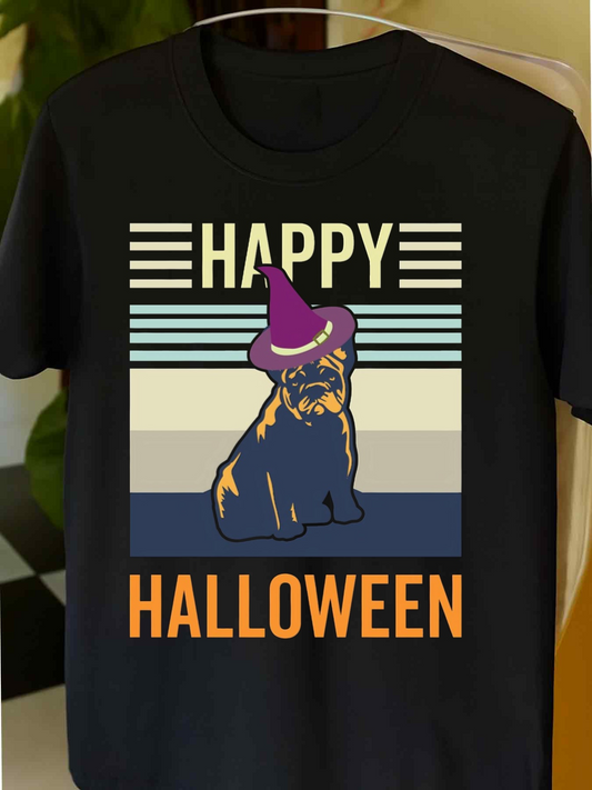 Men's Graphic T-Shirt Happy Halloween With Striped Background And Dog Wearing Witch Hat