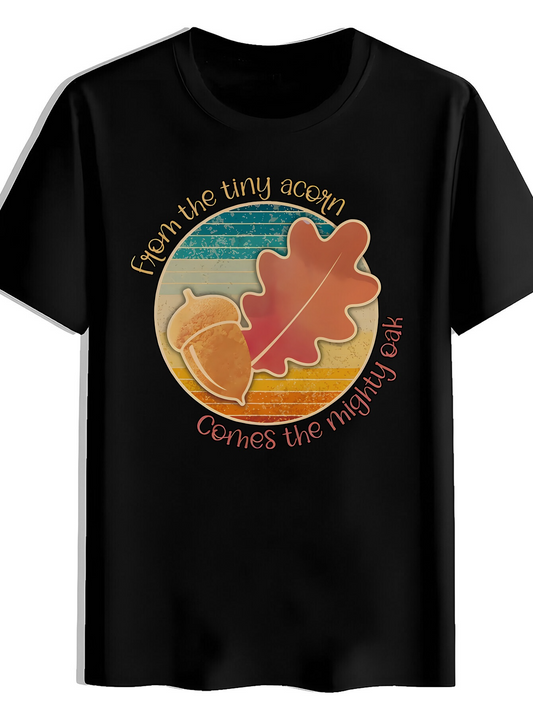 Men's Graphic T-Shirt From The Tiny Acorn Vintage Striped Circle With Oak Leaf And Acorn