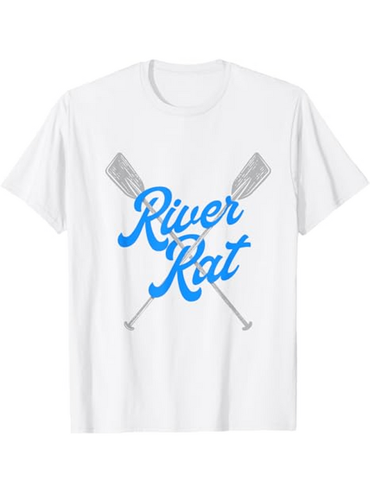 Men's Graphic T-Shirt River Rat Blue Letters With Crossed Paddles On White T Shirt