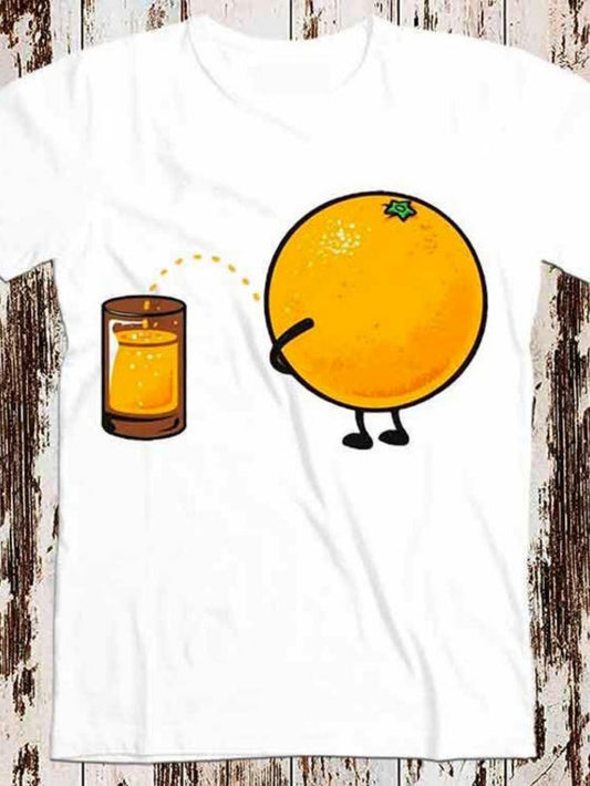 Men's Graphic T-Shirt Cartoon Orange Juicing Into Fun Morning Glass