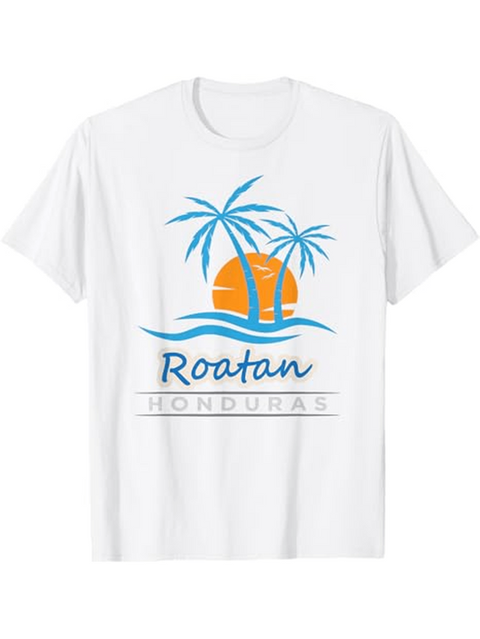 Men's Graphic T-Shirt Roatan Honduras Sunset With Wavy Ocean And Palm Trees Beach
