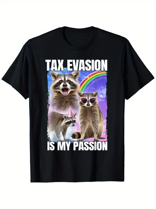 Men's Graphic T-Shirt Tax Evasion Is My Passion With Playful Raccoons Under A Vibrant Rainbow Night Sky