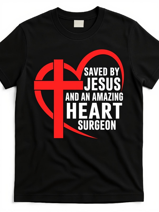 Men's Graphic T-Shirt Saved By Jesus Modern Red Heart Cross With Bold Typography