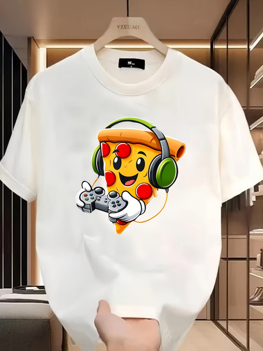 Men's Graphic T-Shirt Cartoon Cheese Melting Slice With Headphones Holding Game Controller Pizza