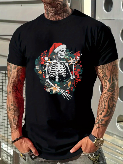 Men's Graphic T-Shirt Festive Skeleton With Santa Hat Among Winter Holiday Floral Wreath Skeleton